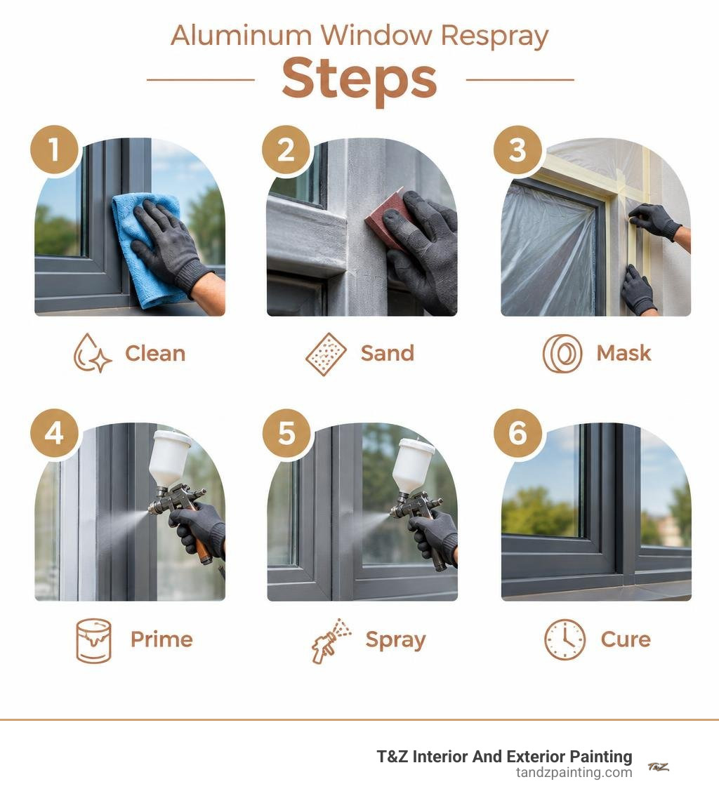 Aluminum window respray steps: clean, sand, mask, prime, spray, and cure infographic Aluminum window respray steps: clean, sand, mask, prime, spray, and cure infographic