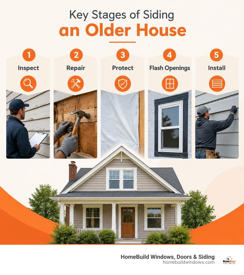 Key stages of siding an older house: inspect, repair, protect, flash openings, and install infographic