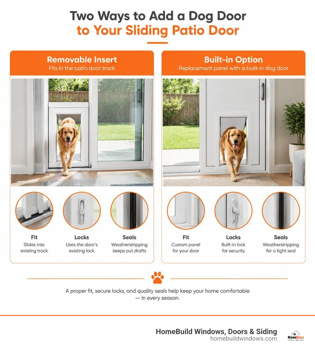 Comparison of removable dog door inserts and built-in patio door options, including fit, locks, and seals infographic
