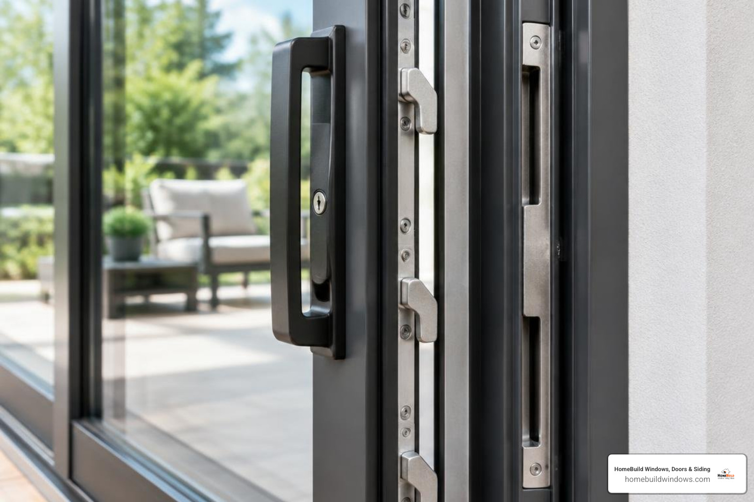 Modern sliding patio door security lock and reinforced frame assembly