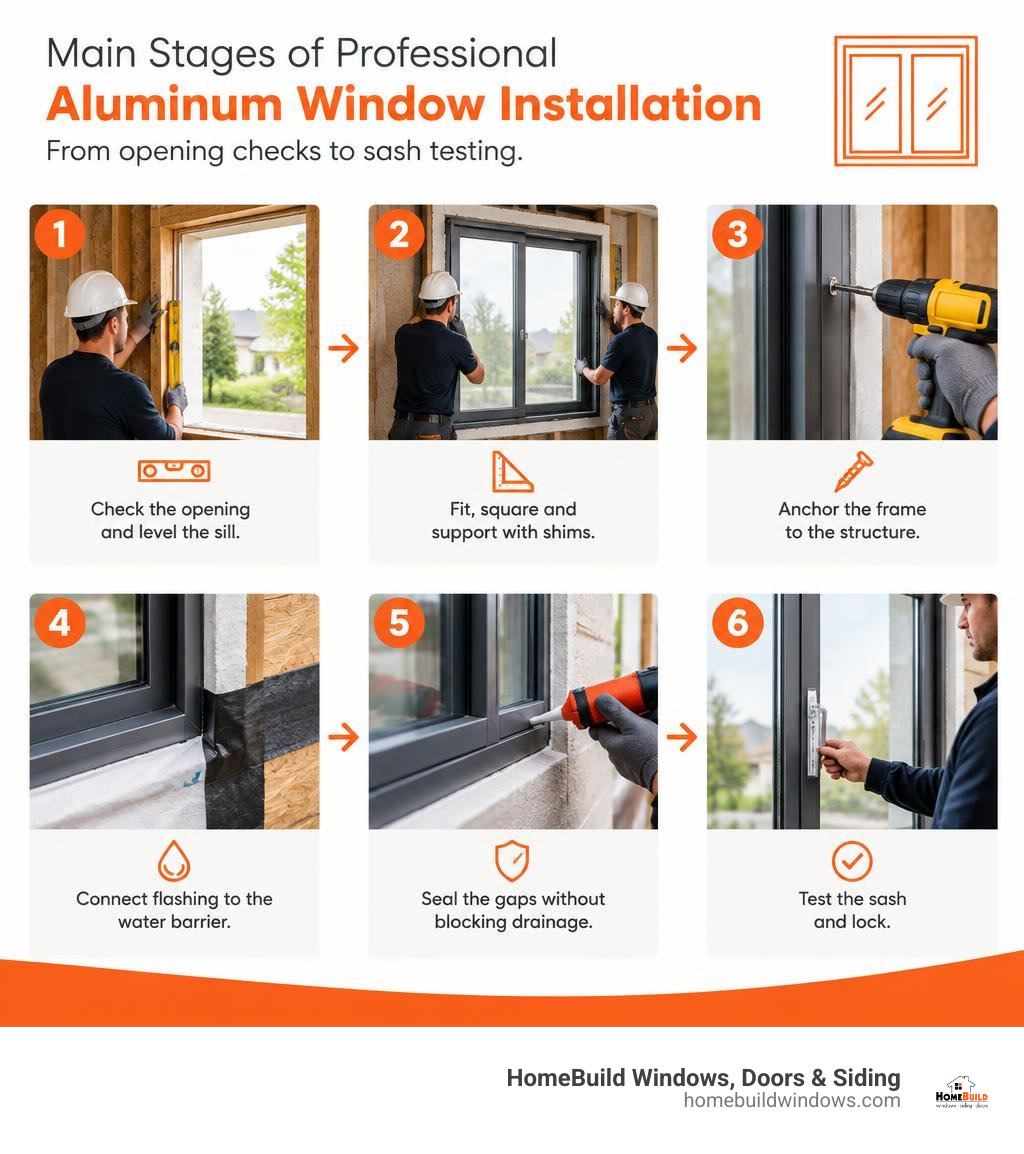 Main stages of professional aluminum window installation, from opening checks to sash testing infographic