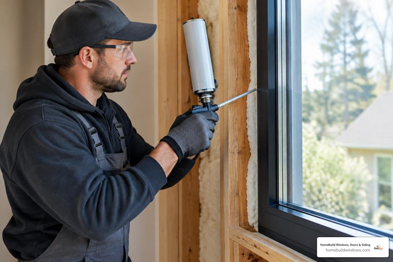 An installer applying closed-cell low-expansion foam insulation between the window frame and framing