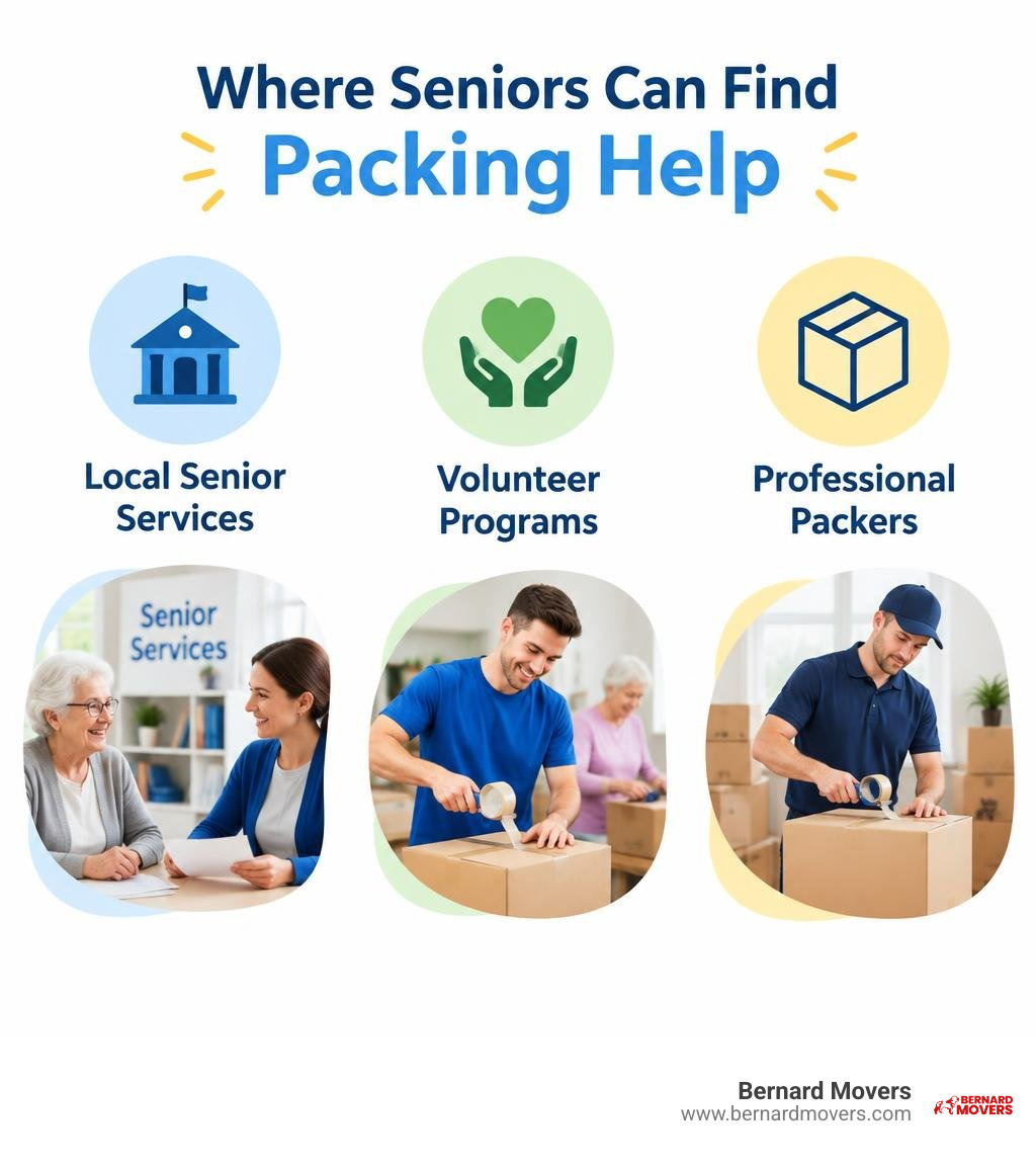 Where seniors can find packing help: local senior services, volunteer programs, and professional packers infographic