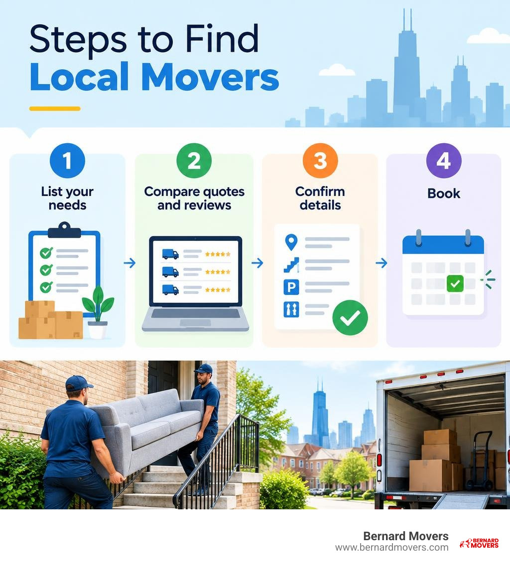 Steps to find local movers: list your needs, compare quotes and reviews, confirm details, then book infographic