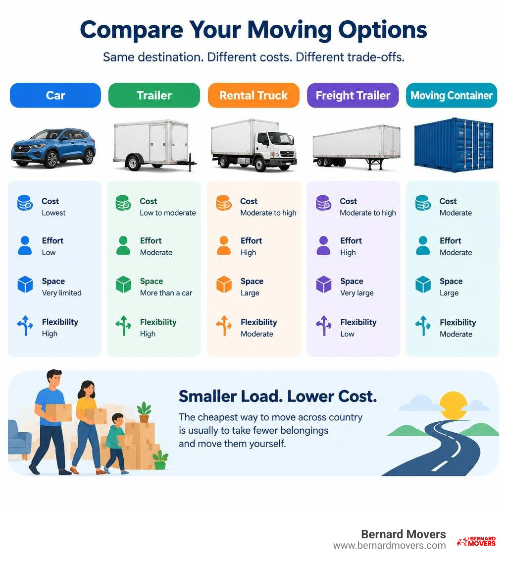 Comparison of car, trailer, rental truck, freight trailer, and moving container costs and trade-offs infographic