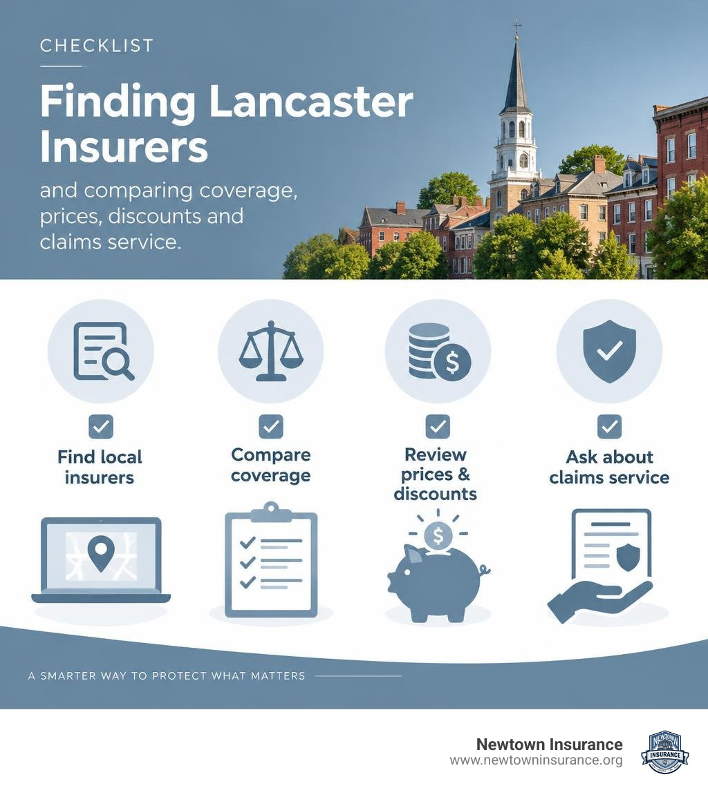Checklist for finding Lancaster insurers and comparing coverage, prices, discounts, and claims service infographic Checklist for finding Lancaster insurers and comparing coverage, prices, discounts, and claims service infographic