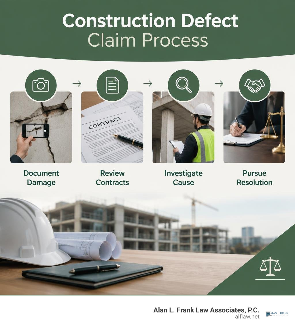 Construction defect claim process: document damage, review contracts, investigate cause, pursue resolution infographic Construction defect claim process: document damage, review contracts, investigate cause, pursue resolution infographic