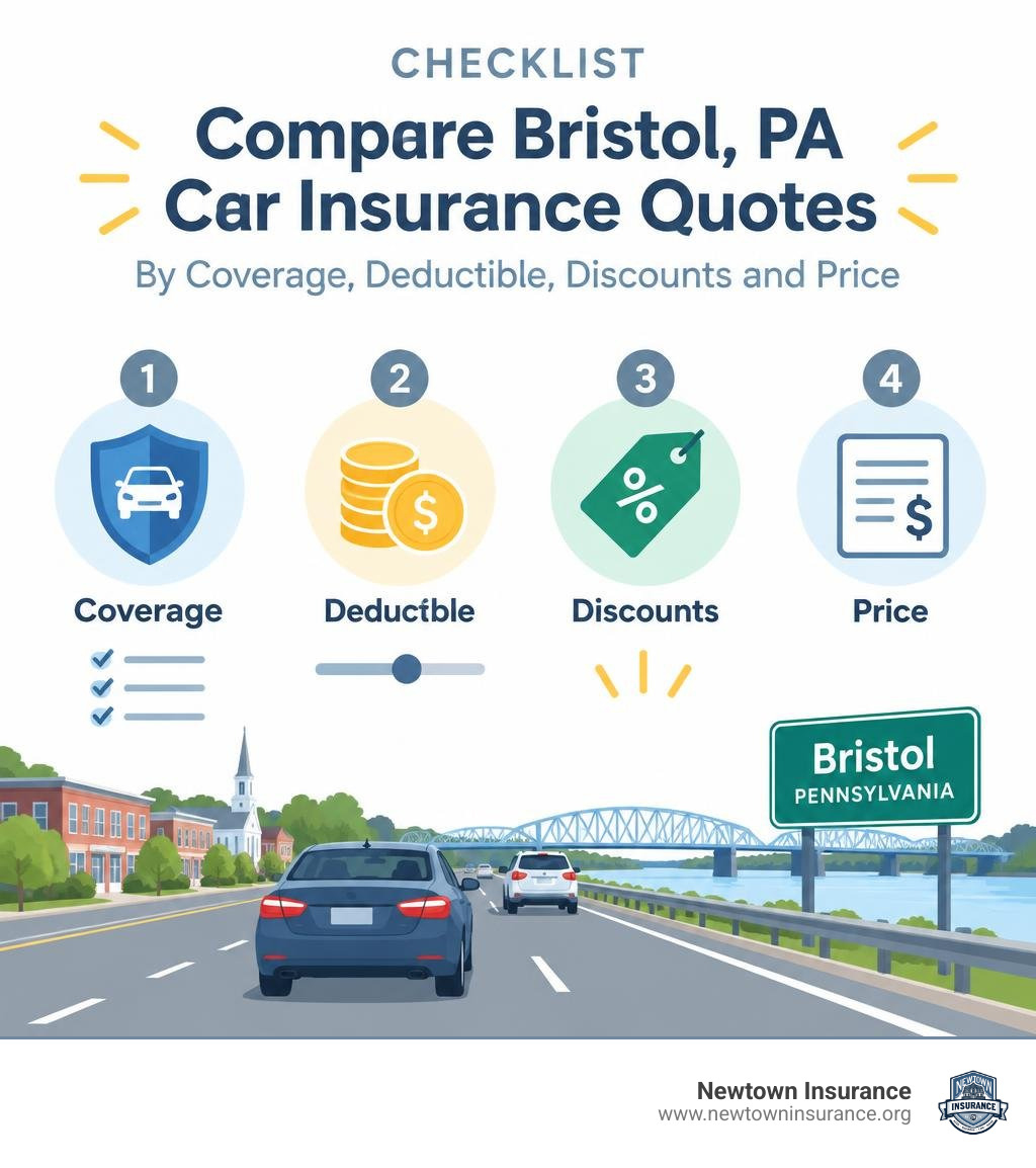 Checklist for comparing Bristol PA car insurance quotes by coverage, deductible, discounts, and price infographic Checklist for comparing Bristol PA car insurance quotes by coverage, deductible, discounts, and price infographic