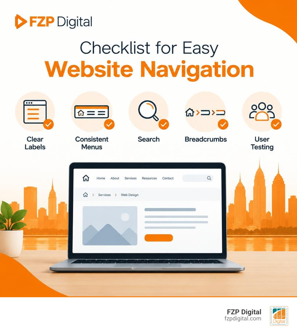 Checklist for easy website navigation: clear labels, consistent menus, search, breadcrumbs, and user testing infographic Checklist for easy website navigation: clear labels, consistent menus, search, breadcrumbs, and user testing infographic