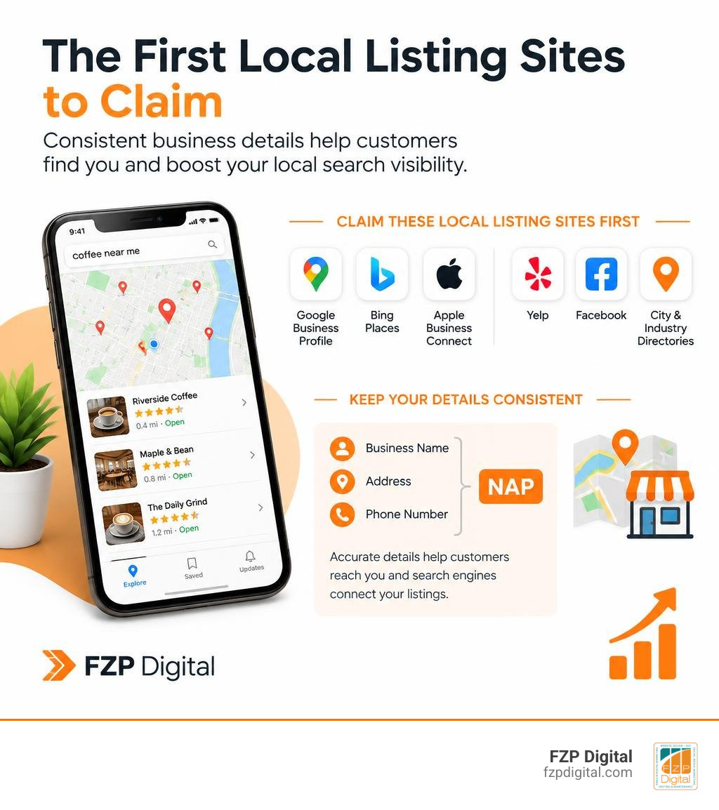 The first local listing sites to claim and how consistent business details support local search visibility infographic The first local listing sites to claim and how consistent business details support local search visibility infographic