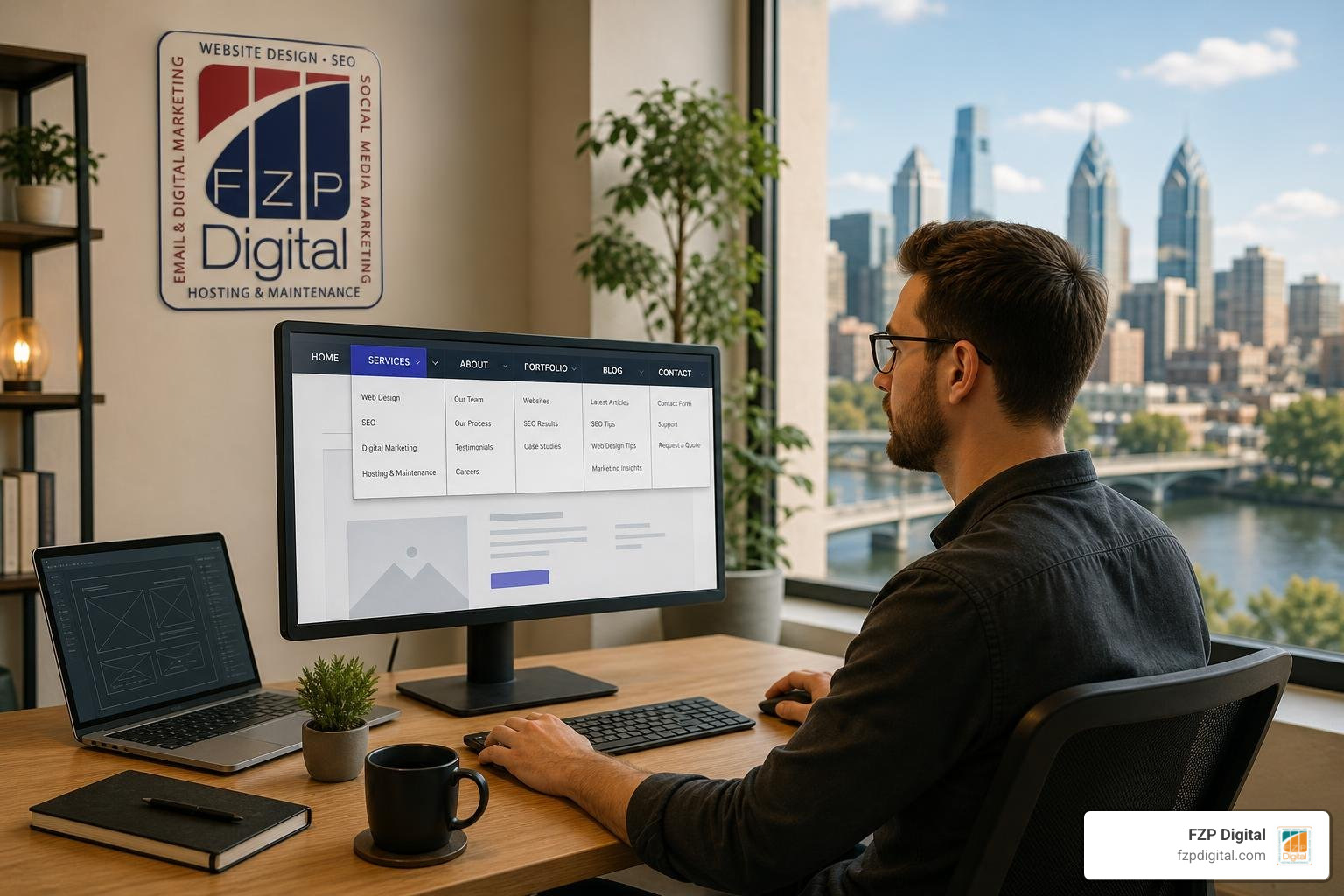 A web designer at a desk with the FZP Digital logo and Philadelphia skyline artwork, reviewing clear site menus A web designer at a desk with the FZP Digital logo and Philadelphia skyline artwork, reviewing clear site menus