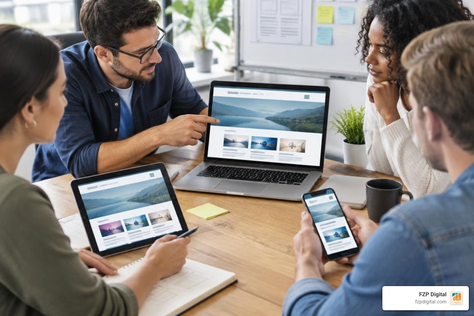 A collaborative website design team reviewing responsive navigation mockups on multiple devices A collaborative website design team reviewing responsive navigation mockups on multiple devices