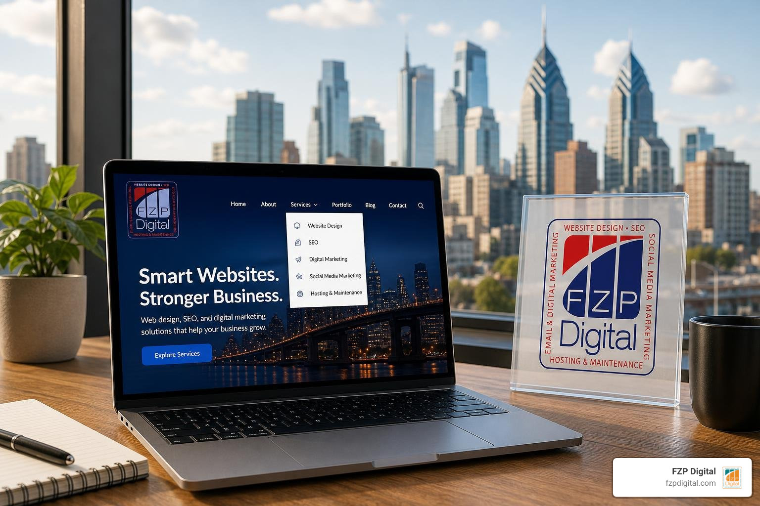 FZP Digital logo beside a clear website menu on a laptop with the Philadelphia skyline, no people FZP Digital logo beside a clear website menu on a laptop with the Philadelphia skyline, no people