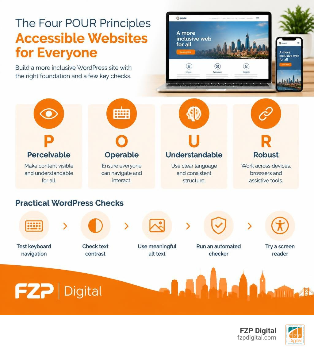 Infographic showing the four POUR accessibility principles and practical WordPress checks, with FZP Digital logo infographic Infographic showing the four POUR accessibility principles and practical WordPress checks, with FZP Digital logo infographic