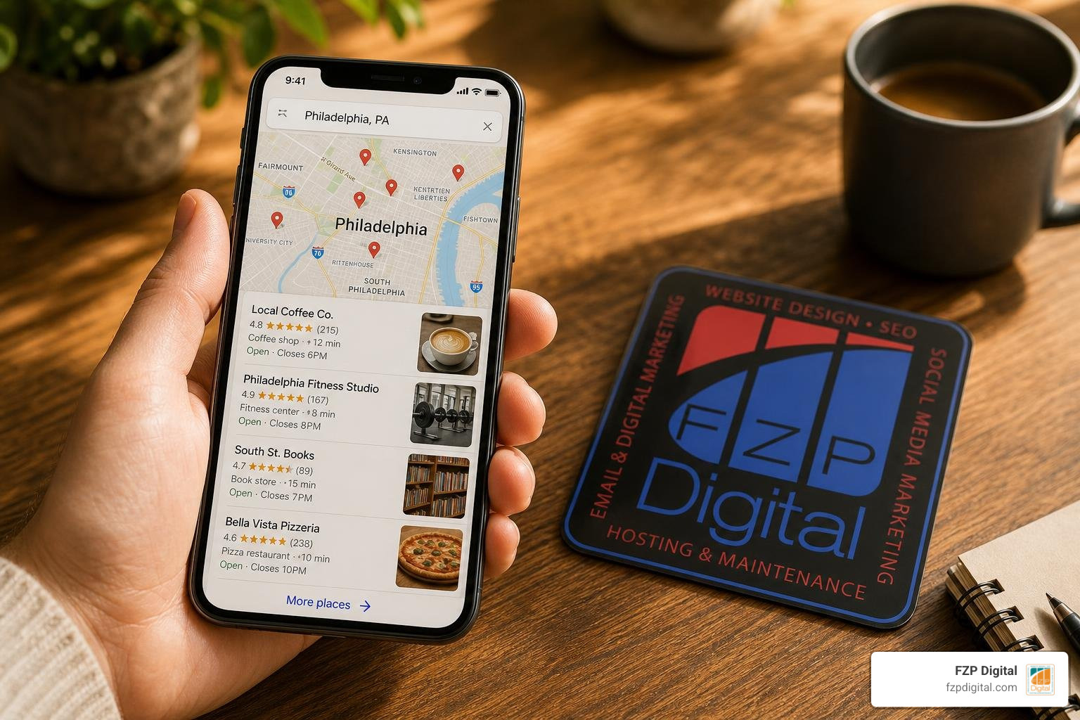 Photorealistic smartphone showing Philadelphia business map results beside the FZP Digital logo Photorealistic smartphone showing Philadelphia business map results beside the FZP Digital logo