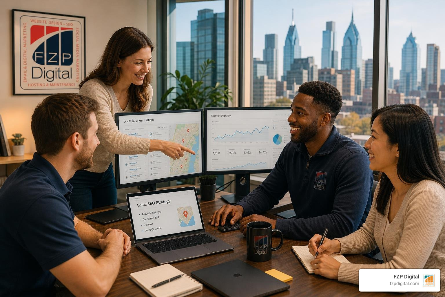 Professional digital marketing team managing multi-platform local listings beside the FZP Digital logo Professional digital marketing team managing multi-platform local listings beside the FZP Digital logo