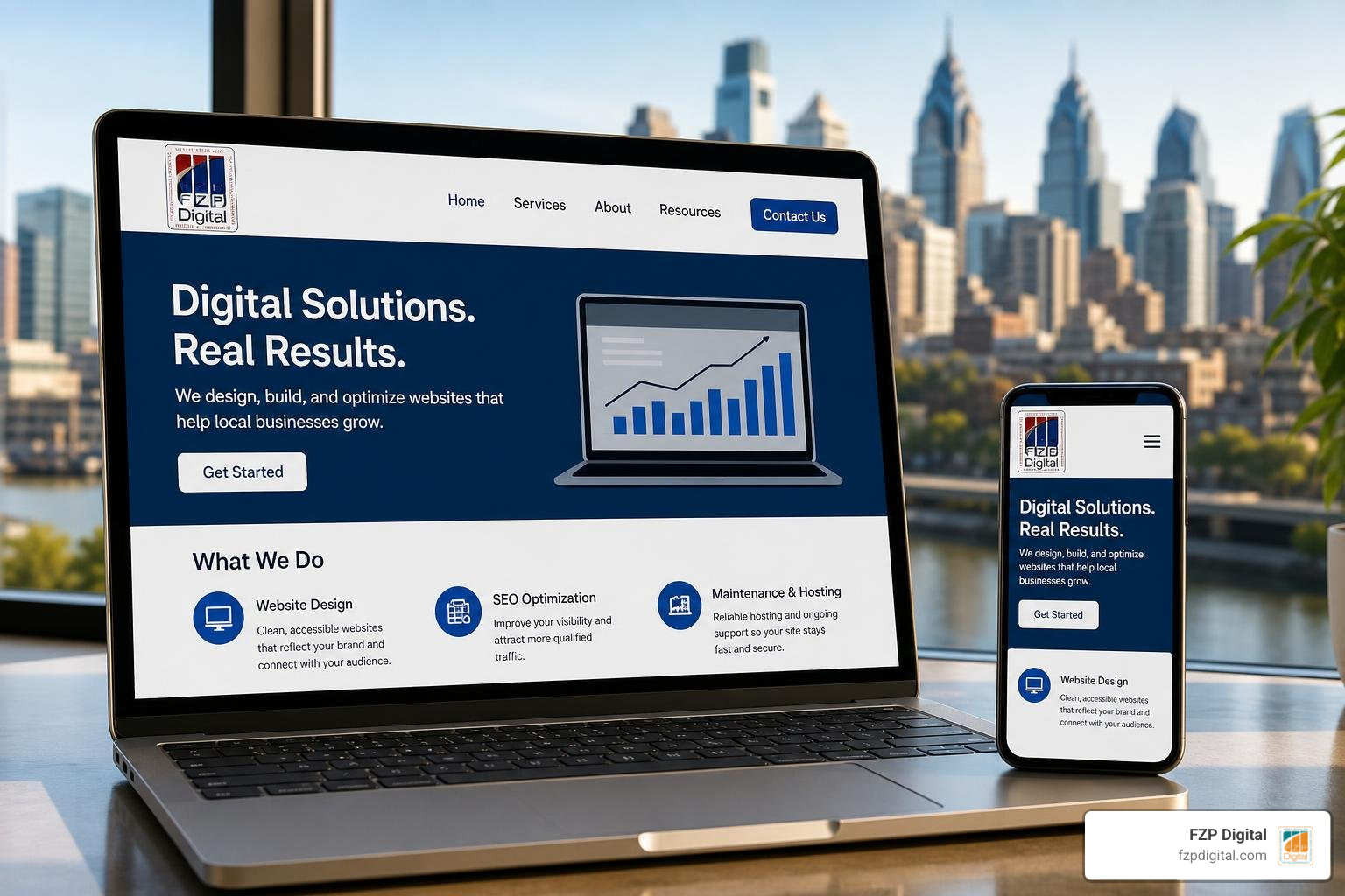 Photorealistic laptop and phone showing an accessible website, with the FZP Digital logo and Philadelphia skyline Photorealistic laptop and phone showing an accessible website, with the FZP Digital logo and Philadelphia skyline