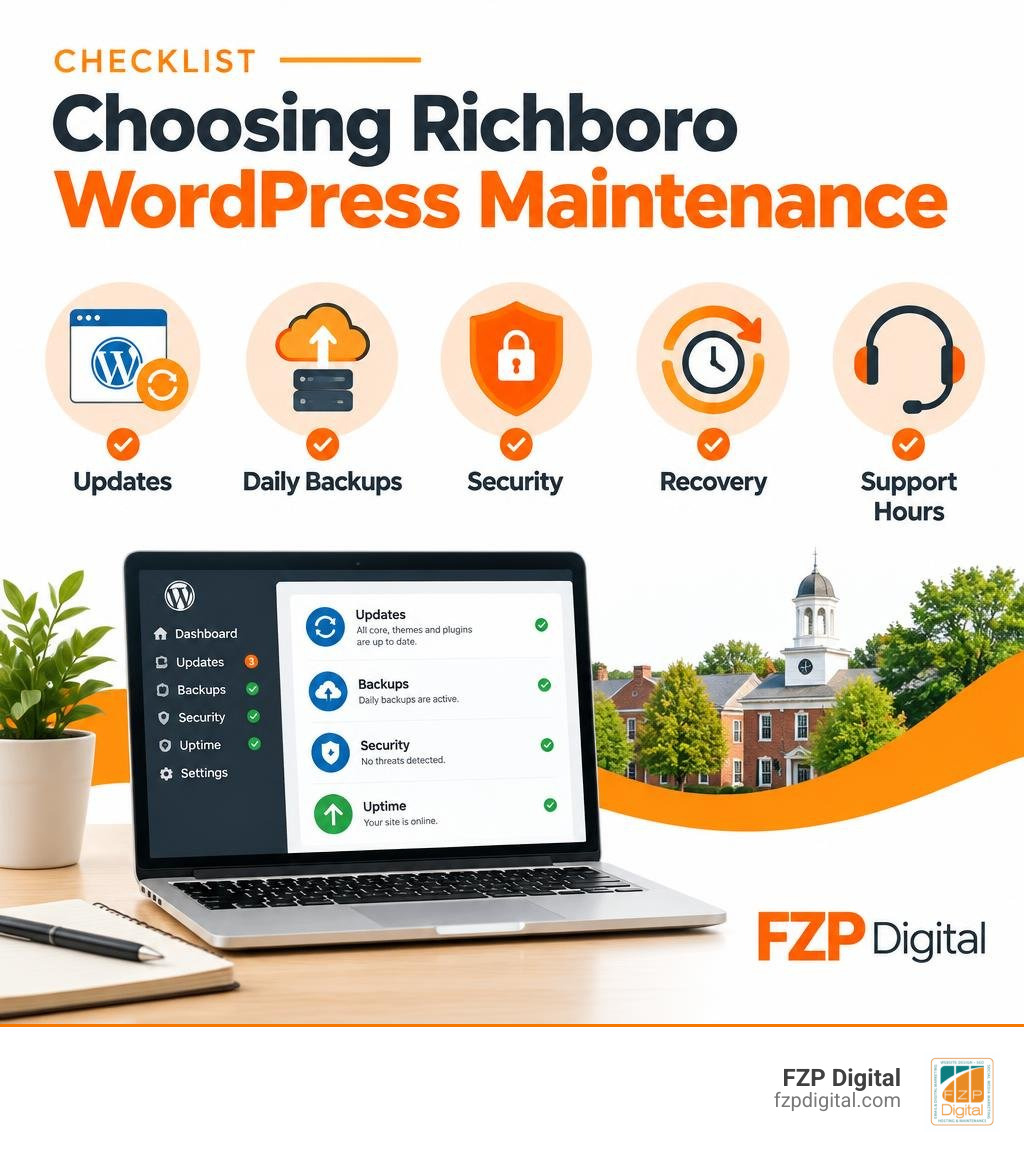 Infographic checklist for choosing Richboro WordPress maintenance: updates, daily backups, security, recovery, and support