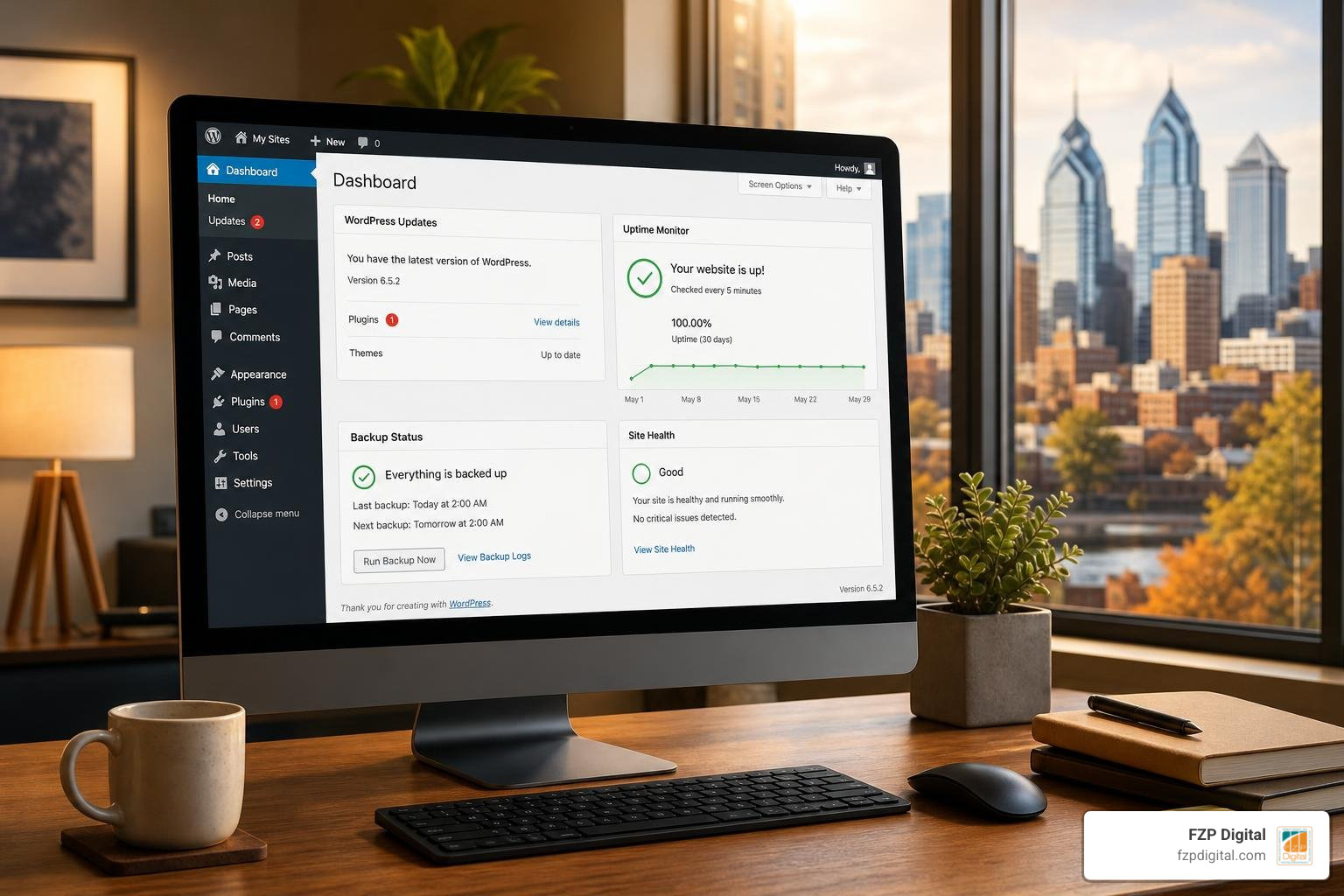 Photorealistic WordPress website dashboard for a Richboro business showing updates, backups, and uptime, featuring the FZP Digital logo