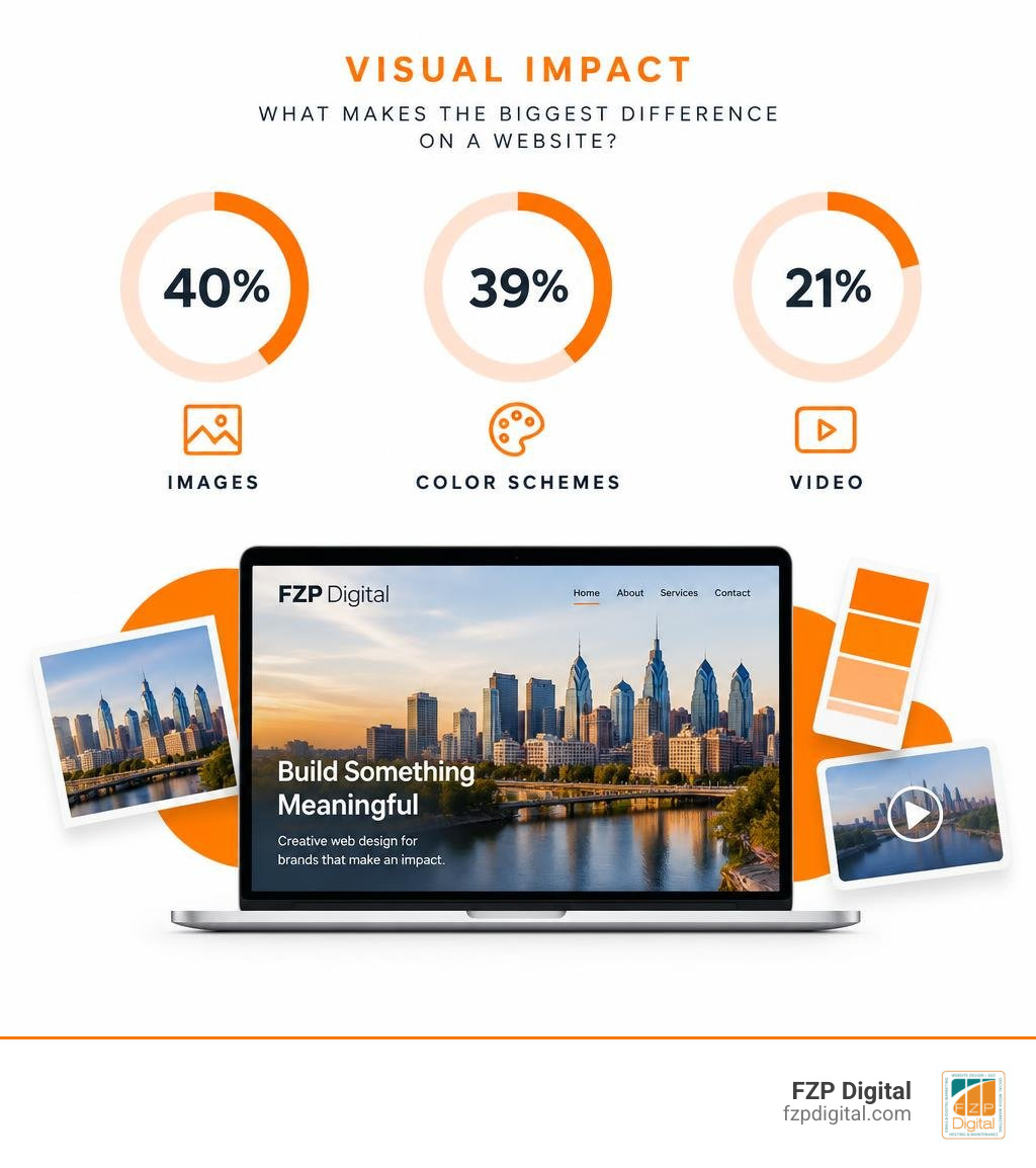 Chart showing visual impact statistics: 40% images, 39% color schemes, 21% video infographic Chart showing visual impact statistics: 40% images, 39% color schemes, 21% video infographic