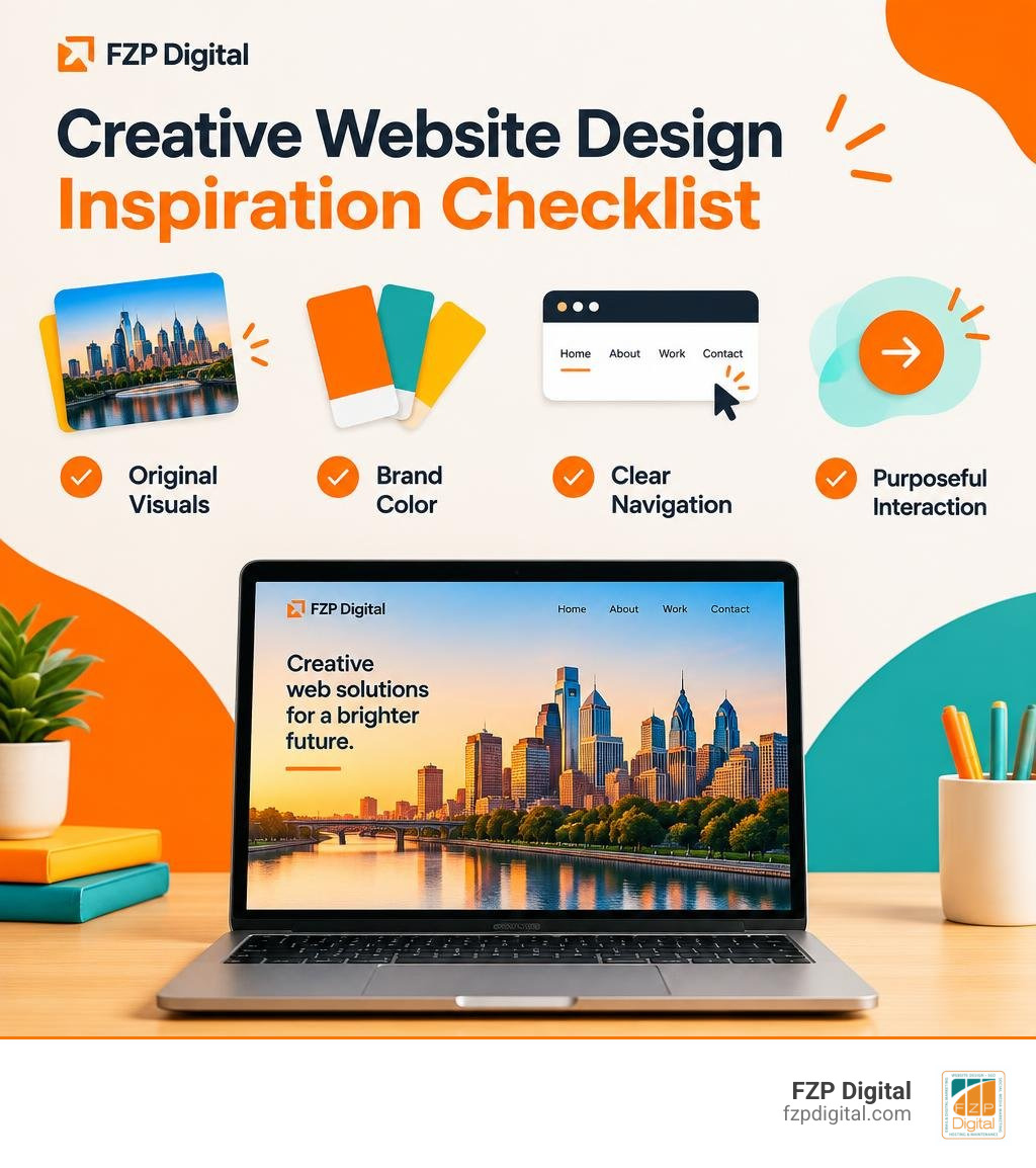 Creative website design inspiration checklist: original visuals, brand color, clear navigation, and purposeful interaction Creative website design inspiration checklist: original visuals, brand color, clear navigation, and purposeful interaction