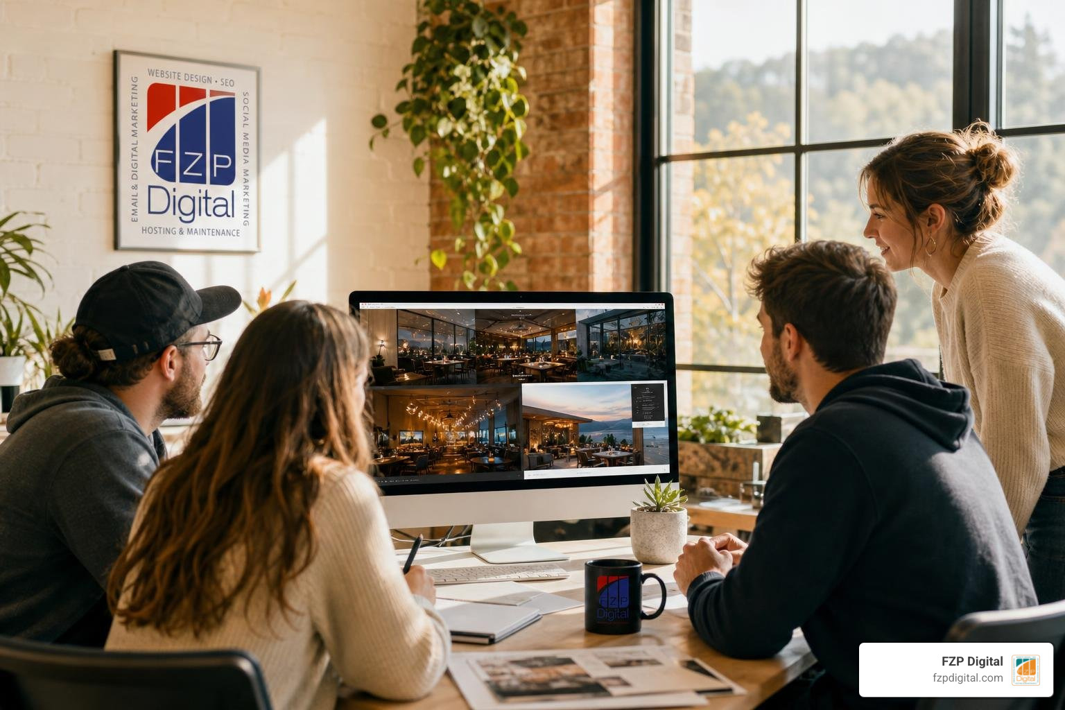Approachable creative team in a sunlit Bucks County studio reviewing dynamic hospitality site layouts Approachable creative team in a sunlit Bucks County studio reviewing dynamic hospitality site layouts