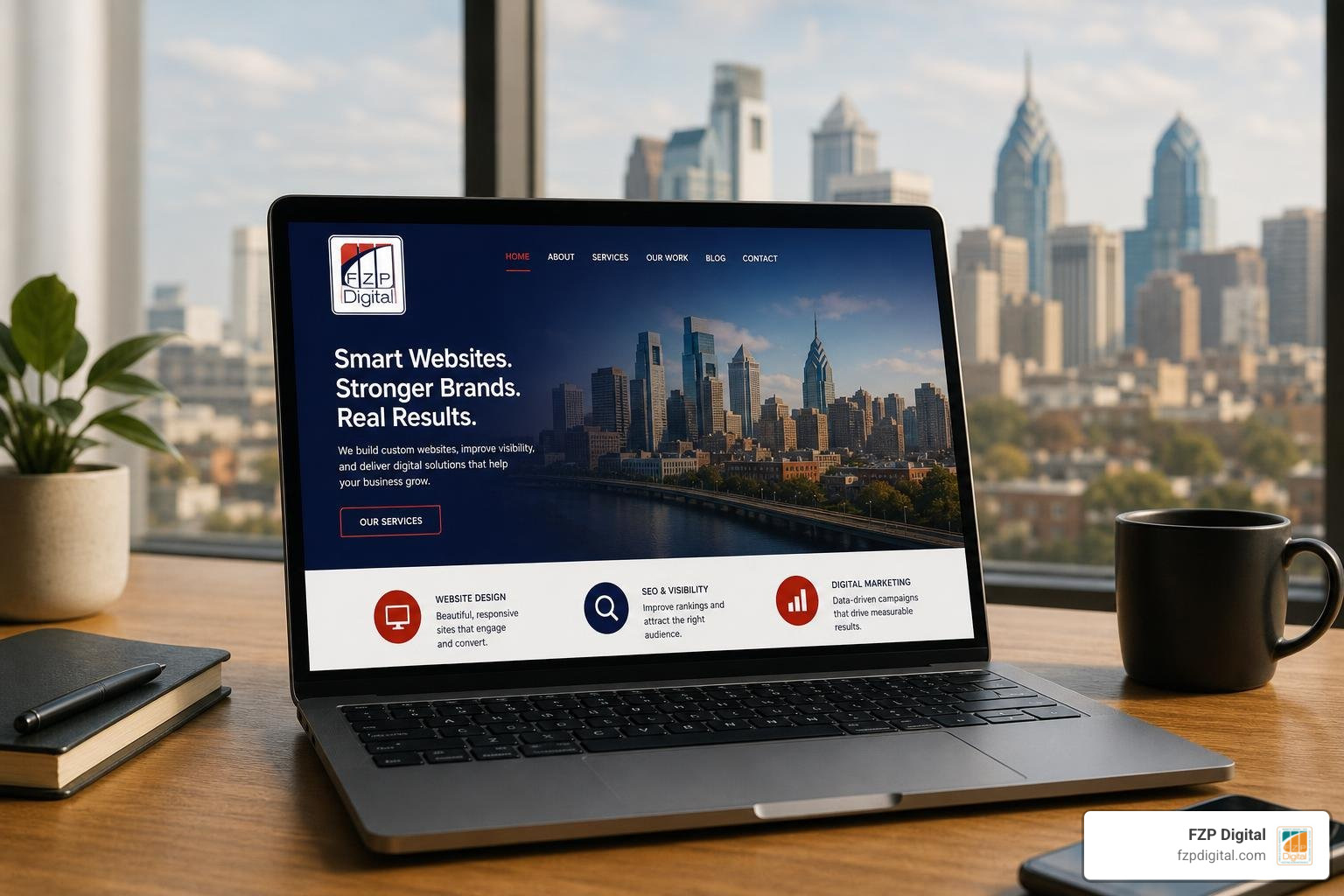 Photorealistic laptop displaying a creative website with the FZP Digital logo and Philadelphia skyline, no people