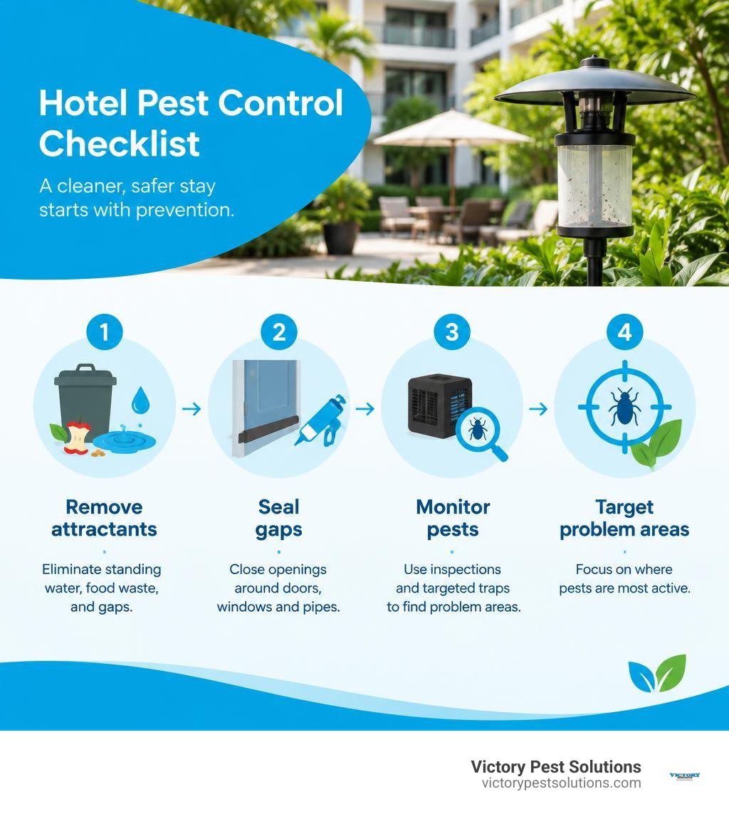 Hotel pest control checklist: remove attractants, seal gaps, monitor pests, and target problem areas infographic Hotel pest control checklist: remove attractants, seal gaps, monitor pests, and target problem areas infographic