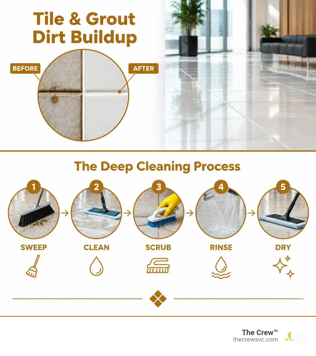 Infographic showing tile and grout dirt buildup and the steps to sweep, clean, scrub, rinse, and dry infographic Infographic showing tile and grout dirt buildup and the steps to sweep, clean, scrub, rinse, and dry infographic
