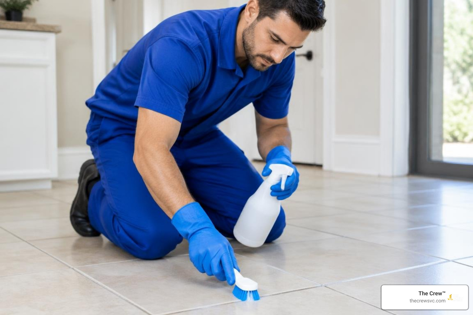 technician performing targeted grout line cleaning technician performing targeted grout line cleaning