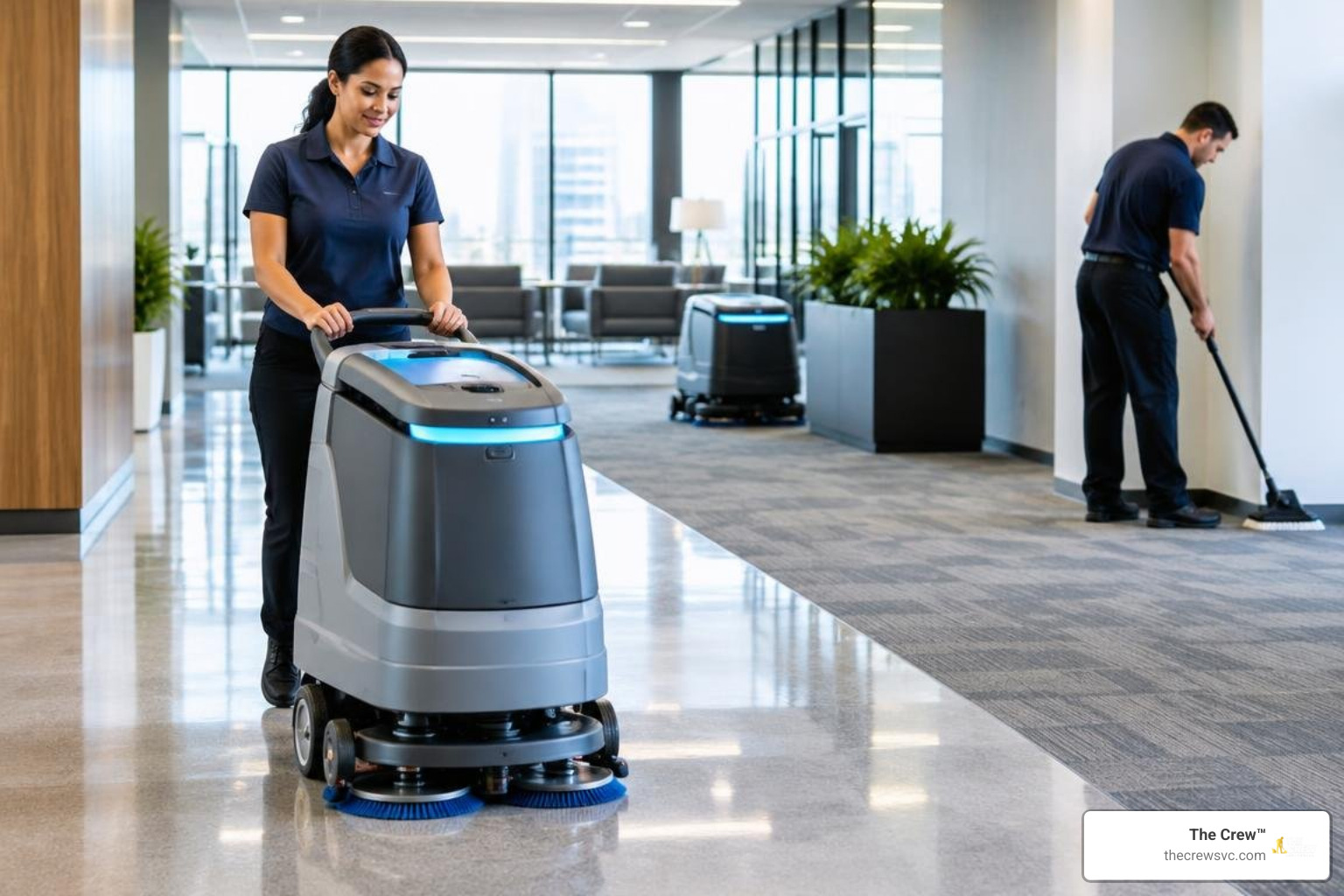 janitorial team collaborating with robotic floor scrubbers janitorial team collaborating with robotic floor scrubbers