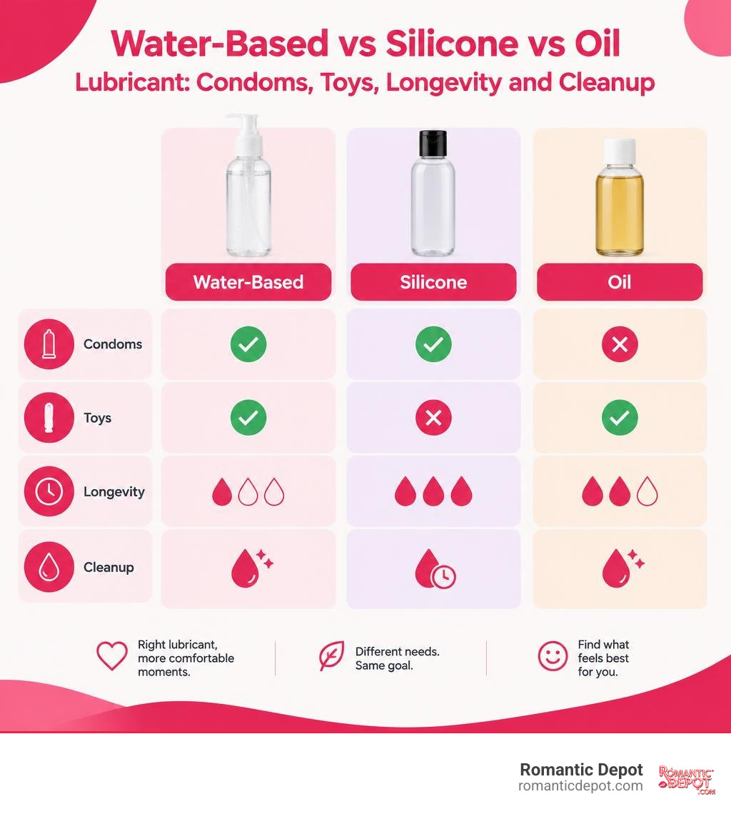 Water-based vs silicone vs oil lubricant: condoms, toys, longevity, and cleanup infographic