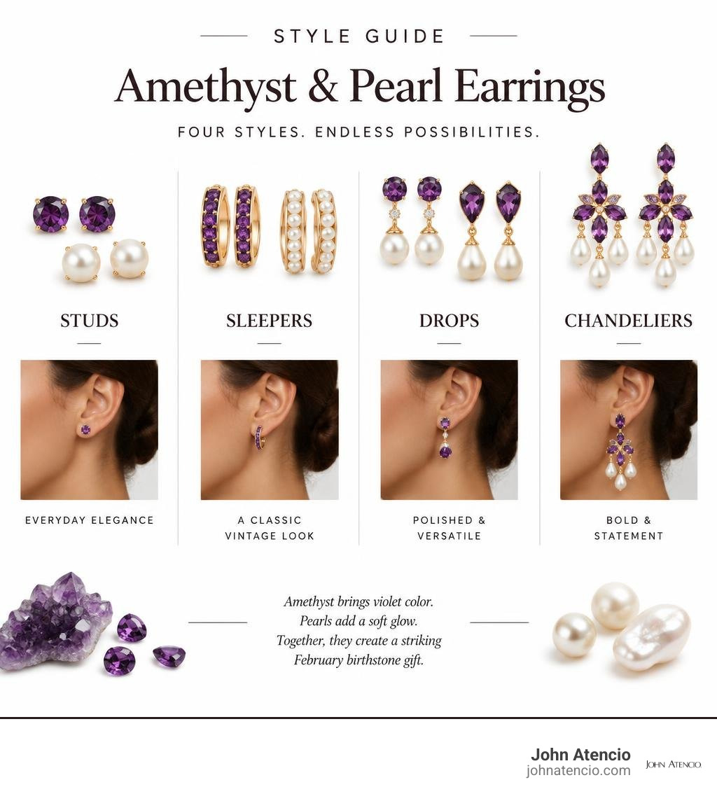 Style guide comparing amethyst and pearl studs, sleepers, drops, and chandeliers infographic