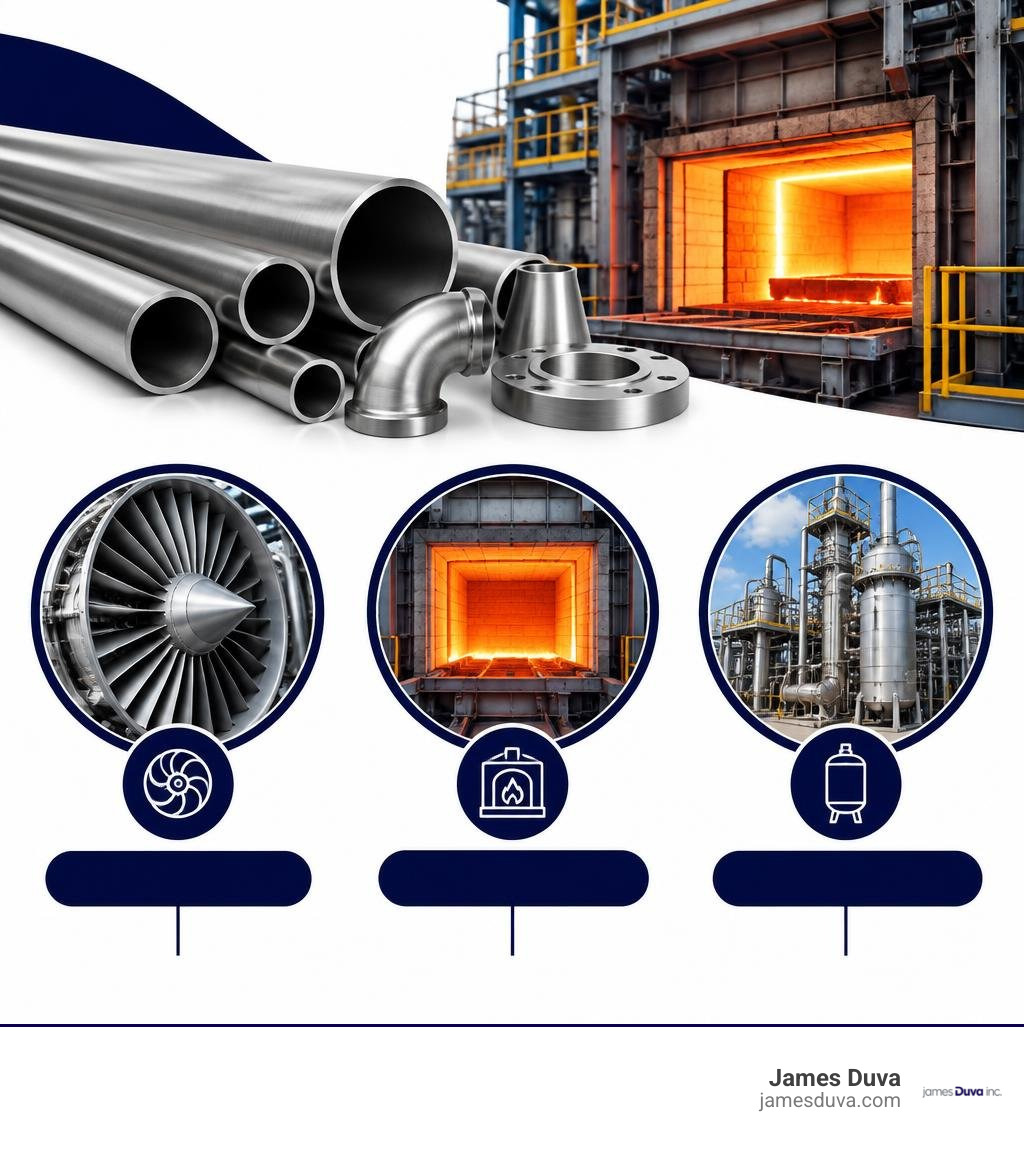 Inconel high-temperature uses: turbine parts, furnace components, and hot process equipment infographic Inconel high-temperature uses: turbine parts, furnace components, and hot process equipment infographic