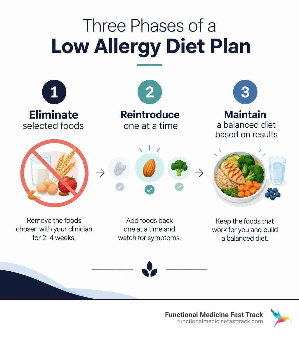 Three phases of a low allergy diet plan: eliminate selected foods, reintroduce one at a time, maintain a balanced diet based