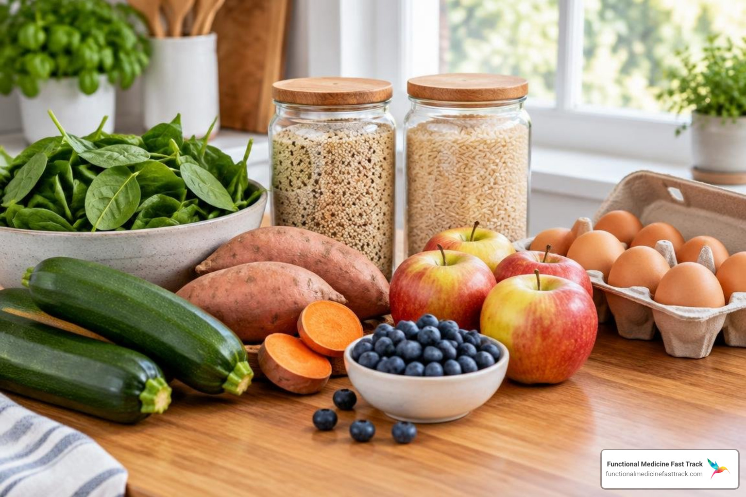 fresh hypoallergenic grocery staples on a wooden kitchen counter