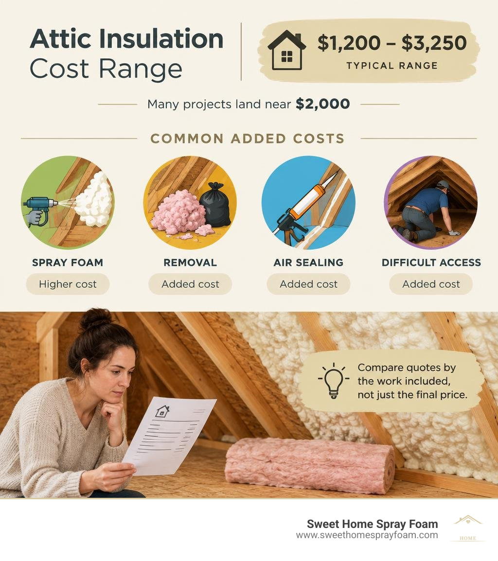 Attic insulation cost range and common added costs: spray foam, removal, air sealing, and difficult access infographic Attic insulation cost range and common added costs: spray foam, removal, air sealing, and difficult access infographic