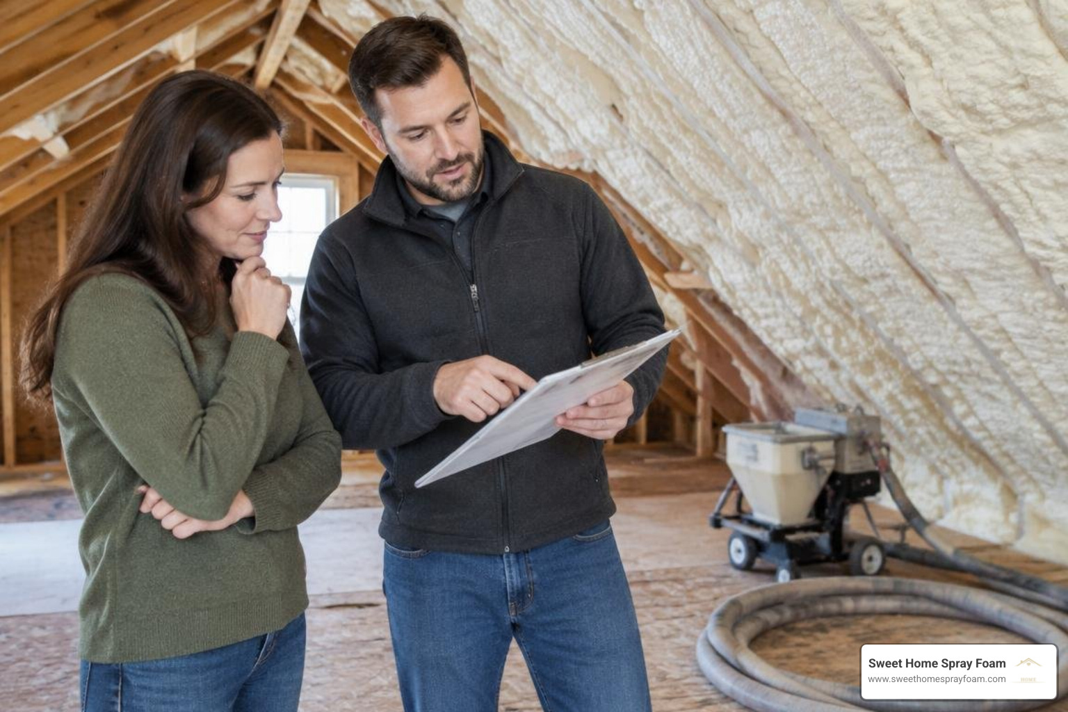 Homeowner reviewing an attic insulation quote beside spray foam in an unfinished attic Homeowner reviewing an attic insulation quote beside spray foam in an unfinished attic