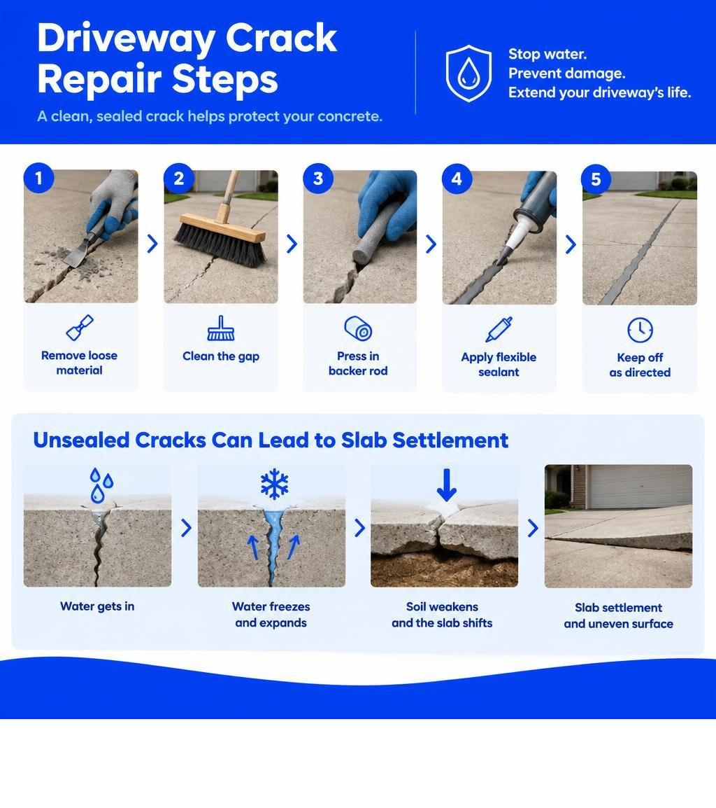 Driveway crack repair steps and how unsealed cracks can lead to slab settlement infographic Driveway crack repair steps and how unsealed cracks can lead to slab settlement infographic