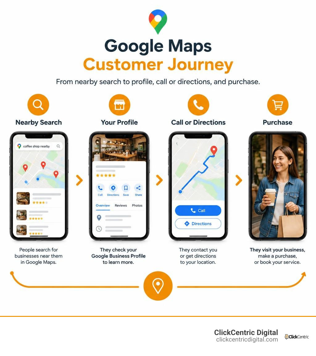 Google Maps customer journey from nearby search to profile, call or directions, and purchase infographic