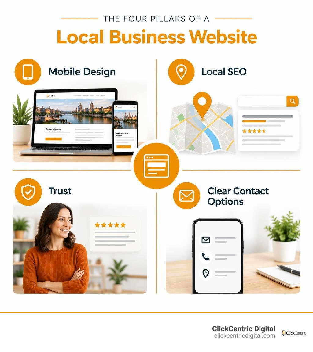 Infographic showing four pillars of a local business website: mobile design, local SEO, trust, and clear contact options