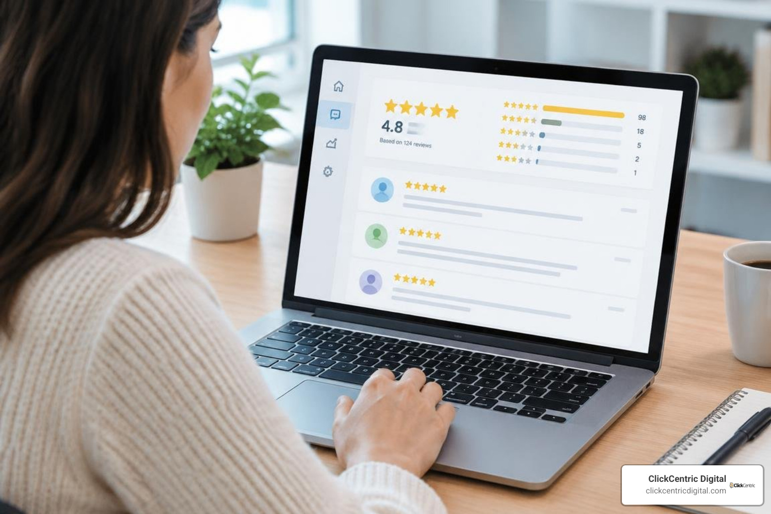 customer review management dashboard showing positive ratings