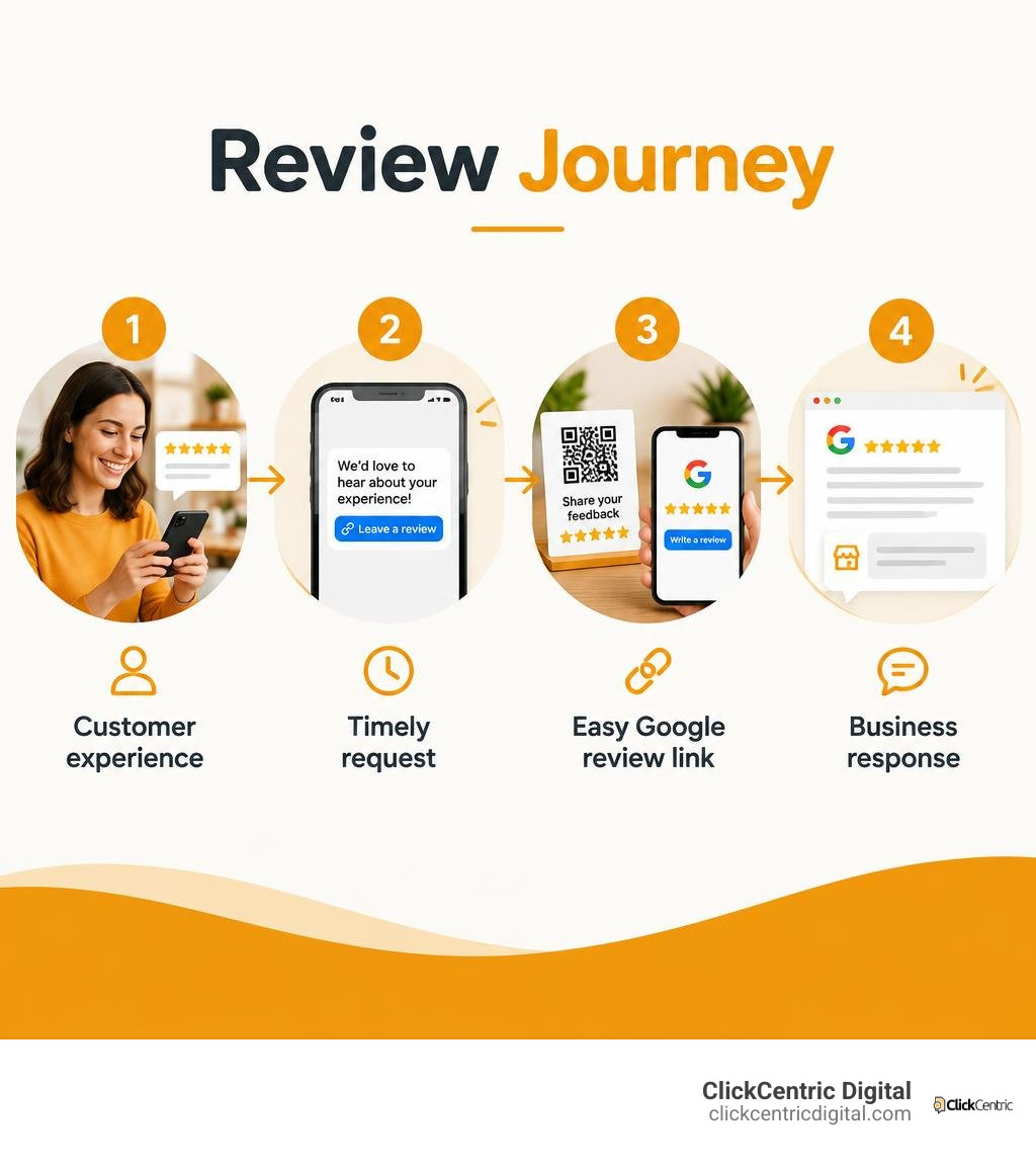 Review journey: customer experience, timely request, easy Google review link, business response infographic Review journey: customer experience, timely request, easy Google review link, business response infographic