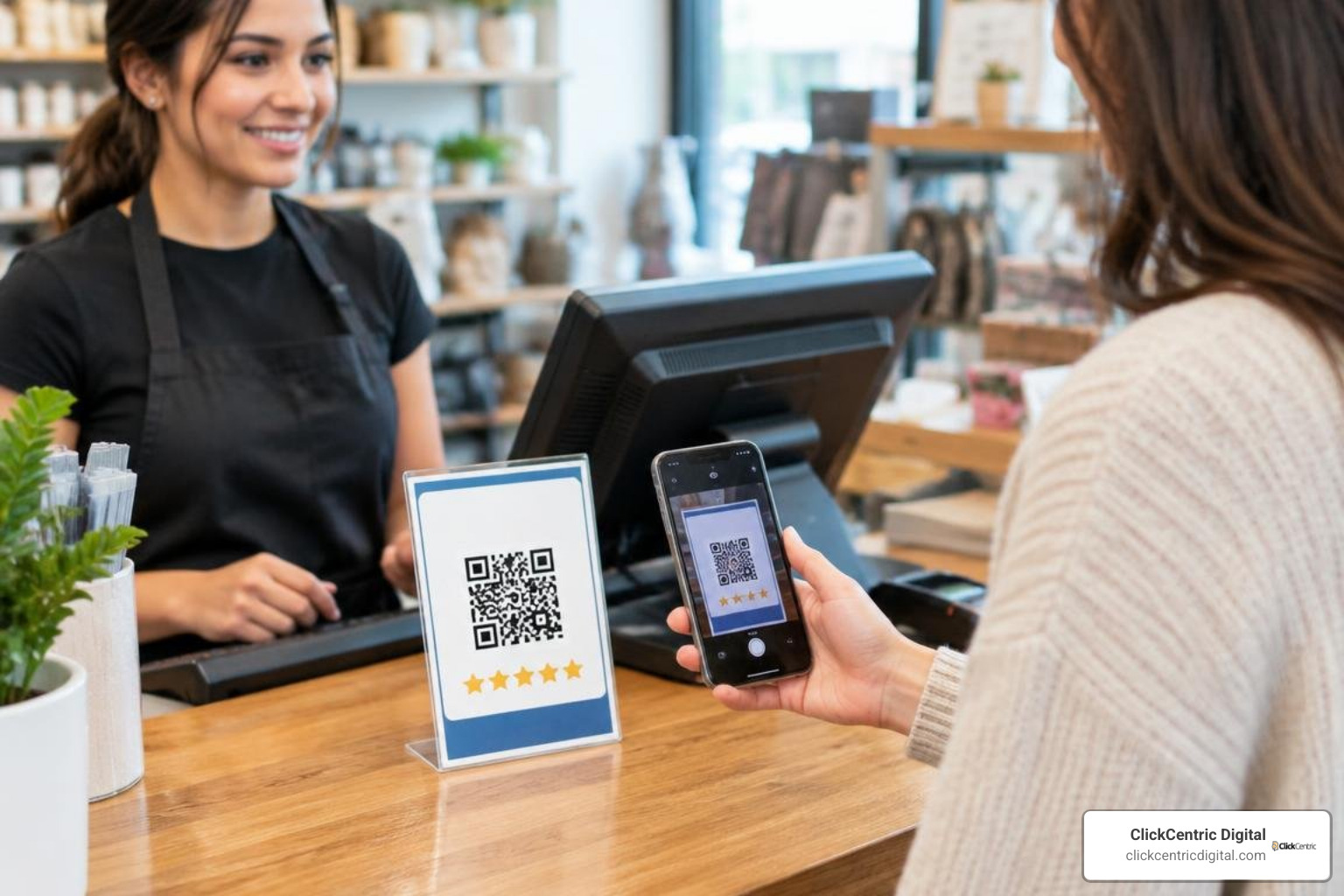 retail checkout counter displaying a dynamic review QR code stand retail checkout counter displaying a dynamic review QR code stand