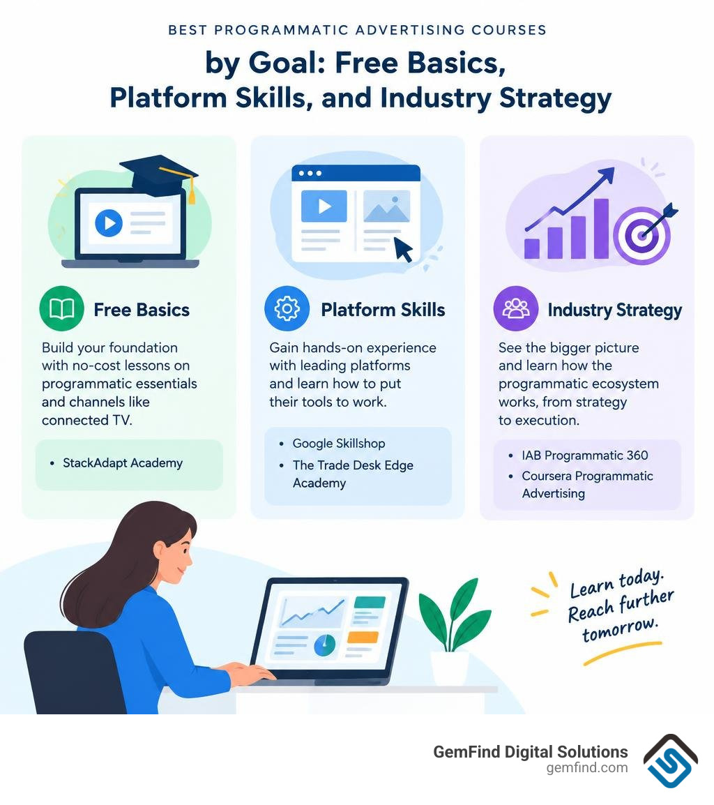 Best programmatic advertising courses by goal: free basics, platform skills, and industry strategy infographic