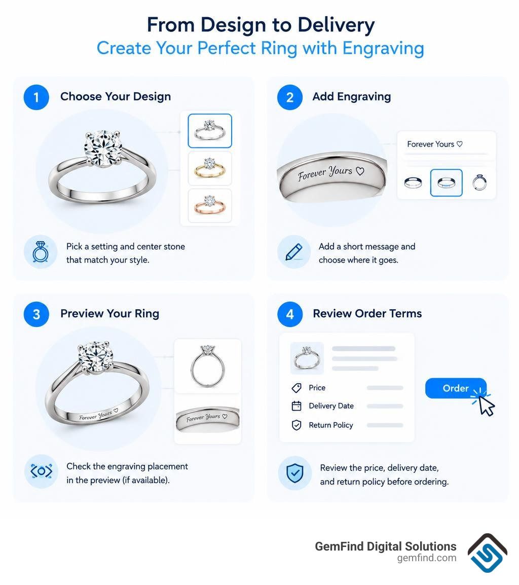 Steps to choose a ring design, add engraving, preview it, and review order terms infographic Steps to choose a ring design, add engraving, preview it, and review order terms infographic