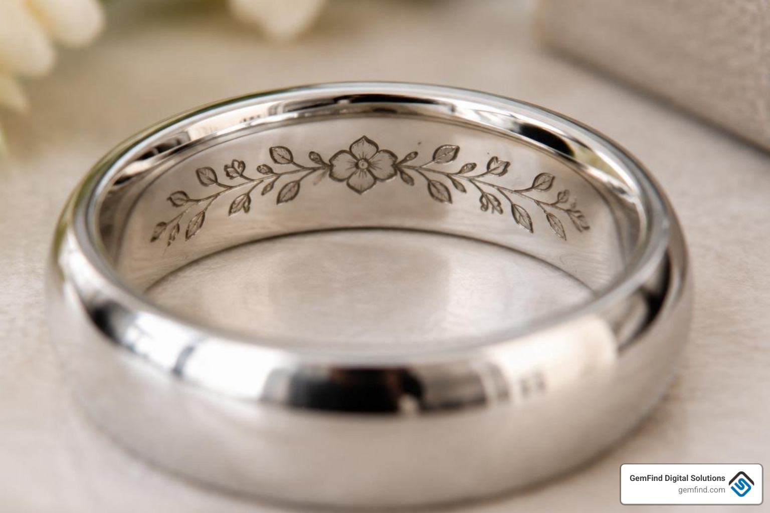 close-up of custom laser engraving inside a polished platinum band close-up of custom laser engraving inside a polished platinum band