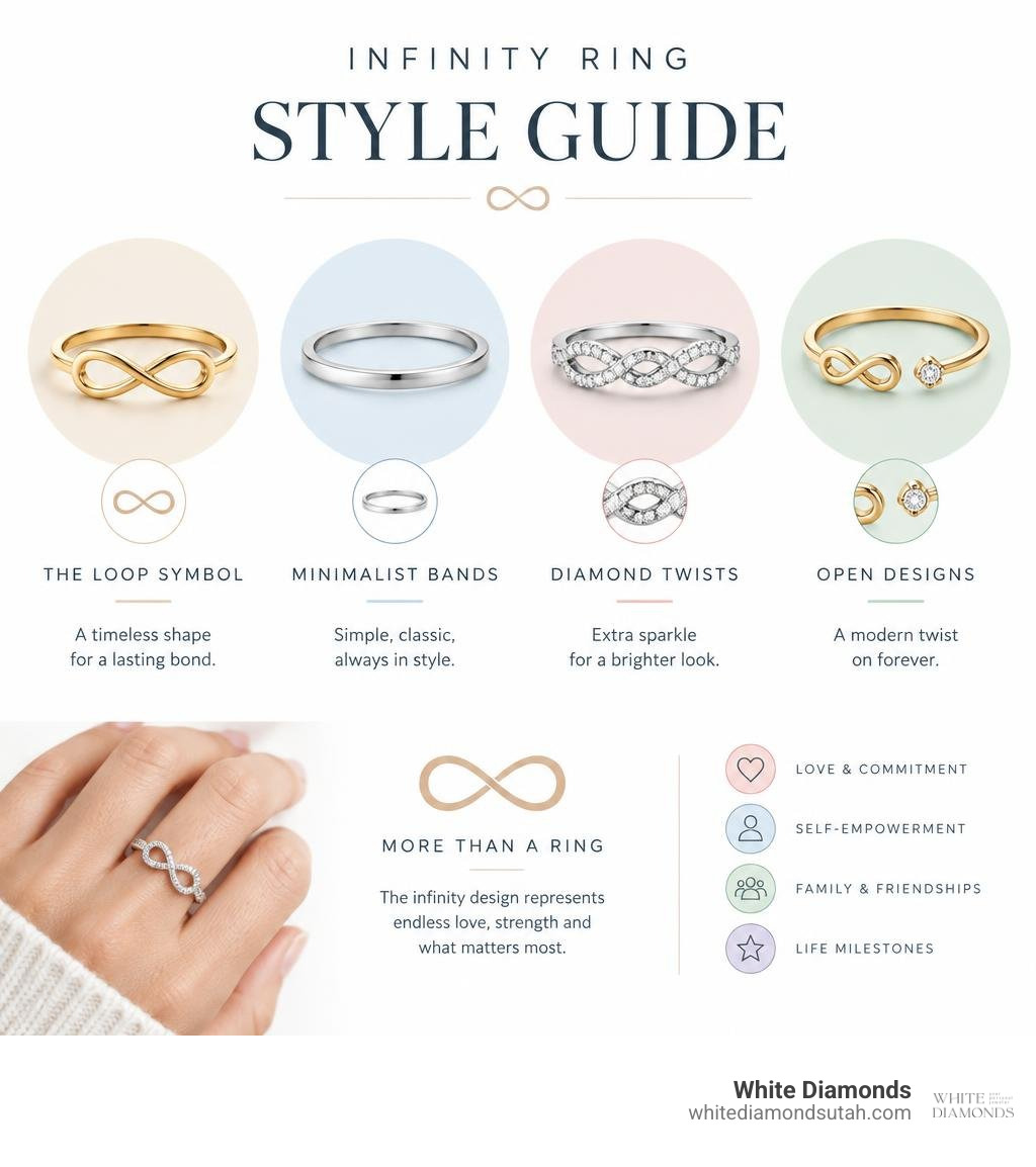 Infinity ring guide showing the loop symbol, minimalist bands, diamond twists, and open designs infographic Infinity ring guide showing the loop symbol, minimalist bands, diamond twists, and open designs infographic