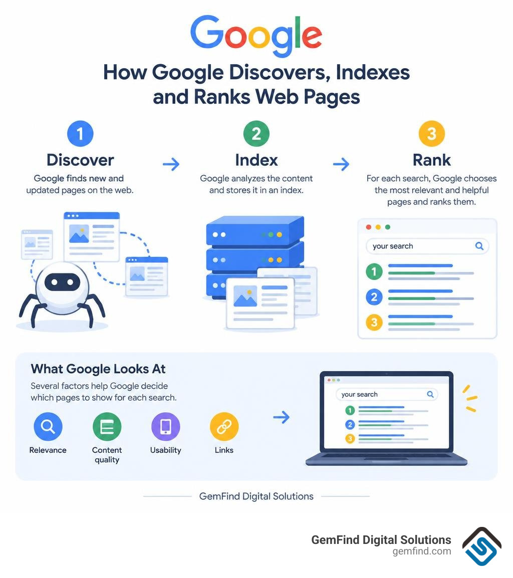 How Google discovers and indexes pages, then ranks them for specific searches infographic How Google discovers and indexes pages, then ranks them for specific searches infographic