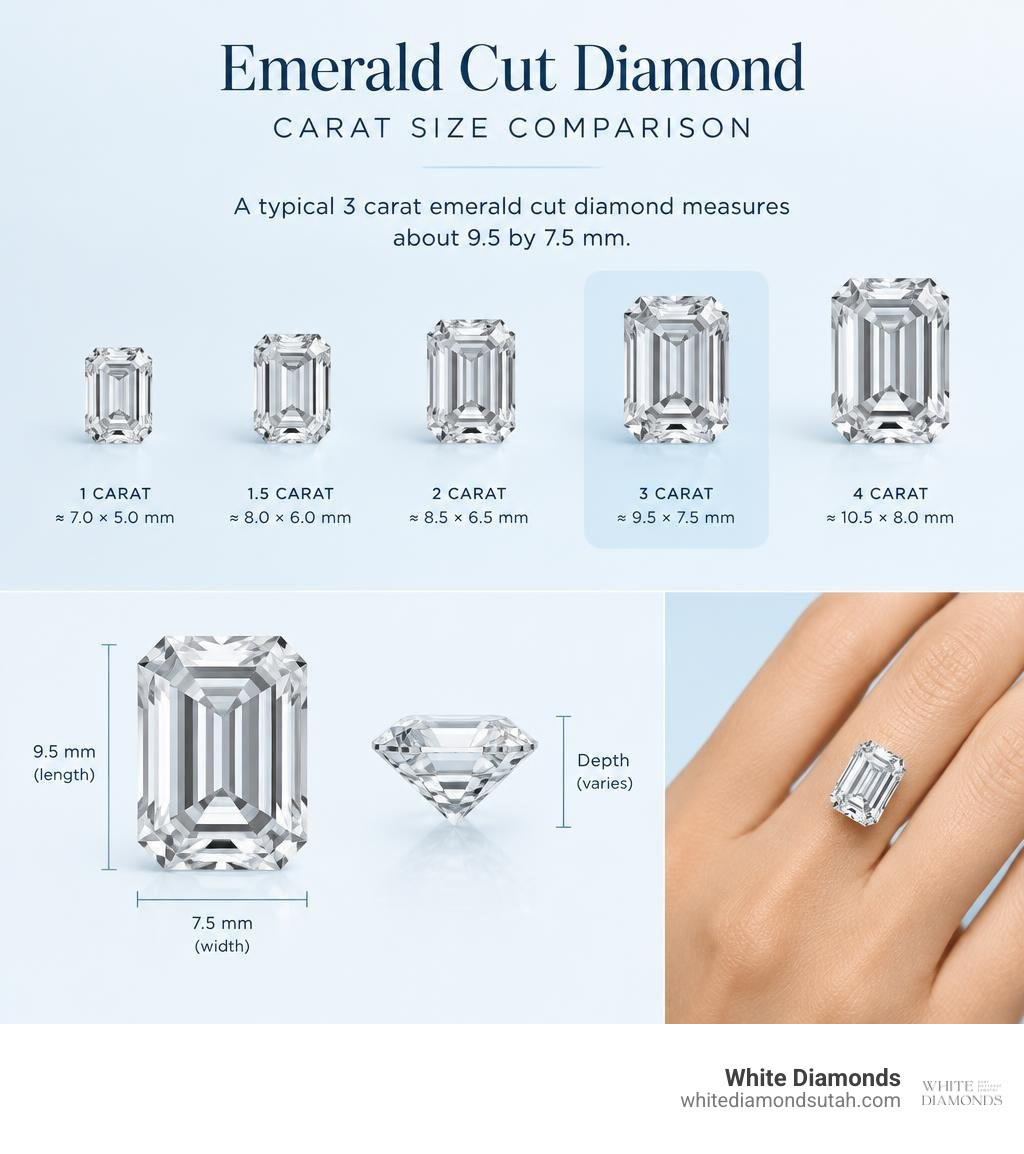 Emerald cut diamond carat size comparison, with a typical 3 carat stone measuring about 9.5 by 7.5 mm infographic